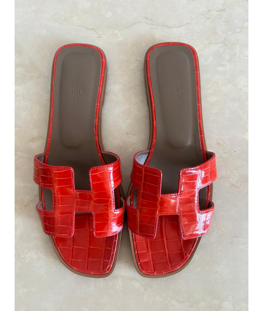 HERMES Оранжевое шлепанцы из экзотической кожи, фото 2