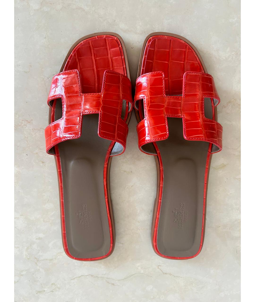 HERMES Оранжевое шлепанцы из экзотической кожи, фото 3