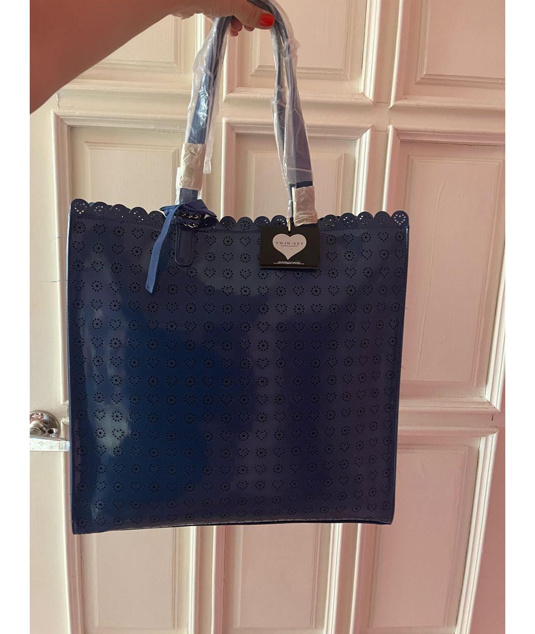 TWIN-SET Синяя сумка тоут из лакированной кожи, фото 7