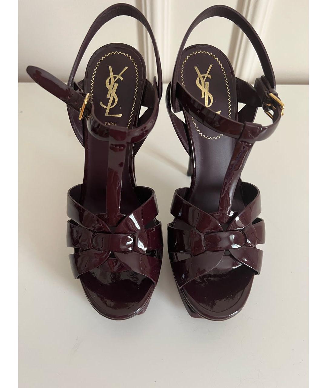 SAINT LAURENT Бордовые кожаные босоножки, фото 3