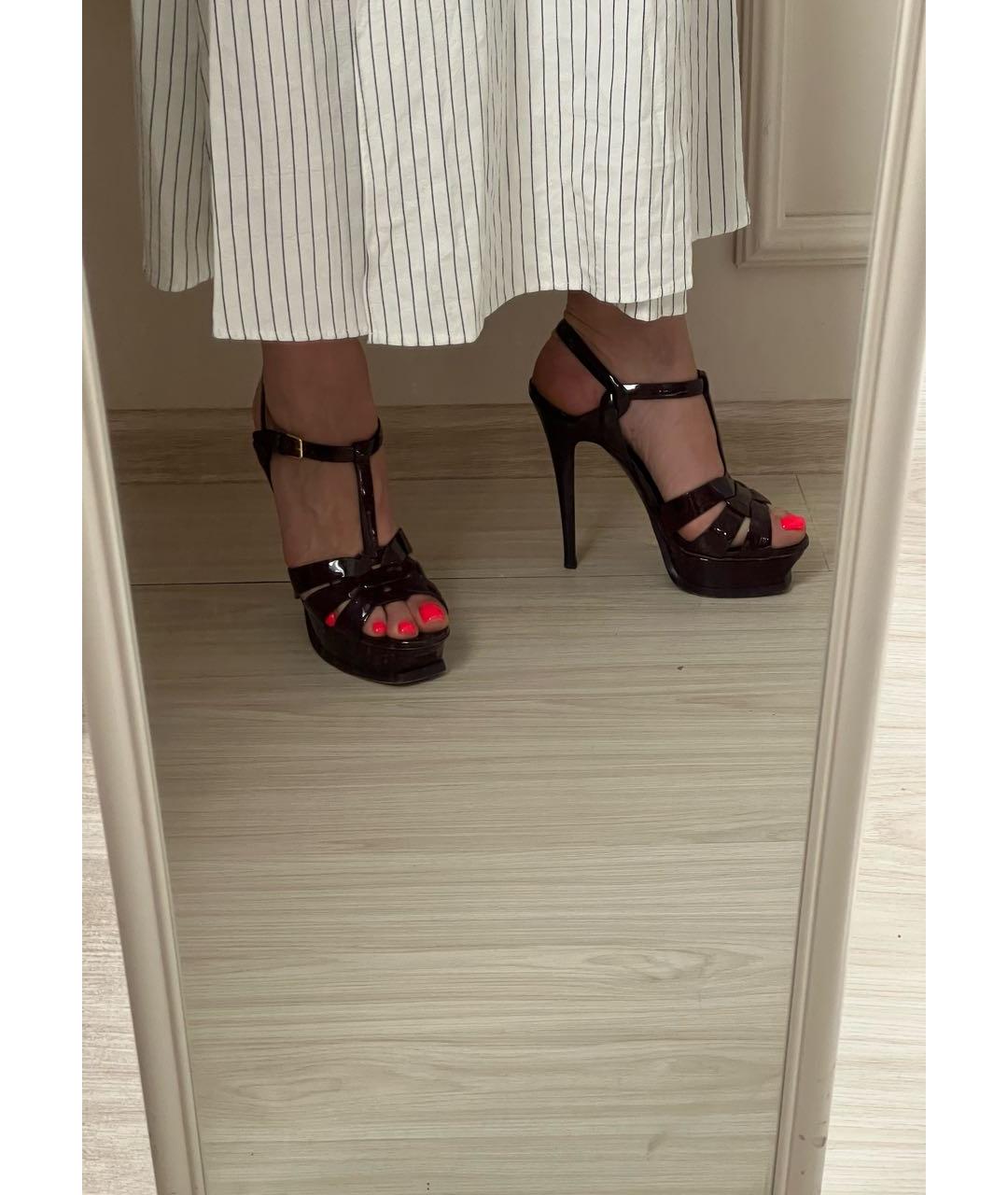 SAINT LAURENT Бордовые кожаные босоножки, фото 8