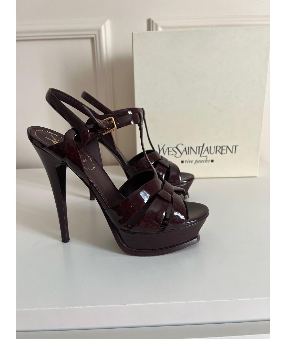 SAINT LAURENT Бордовые кожаные босоножки, фото 2
