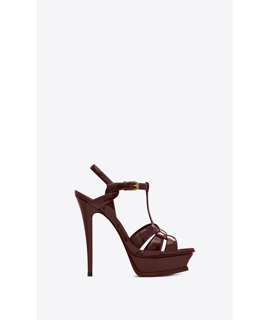 SAINT LAURENT Бордовые кожаные босоножки, фото 9