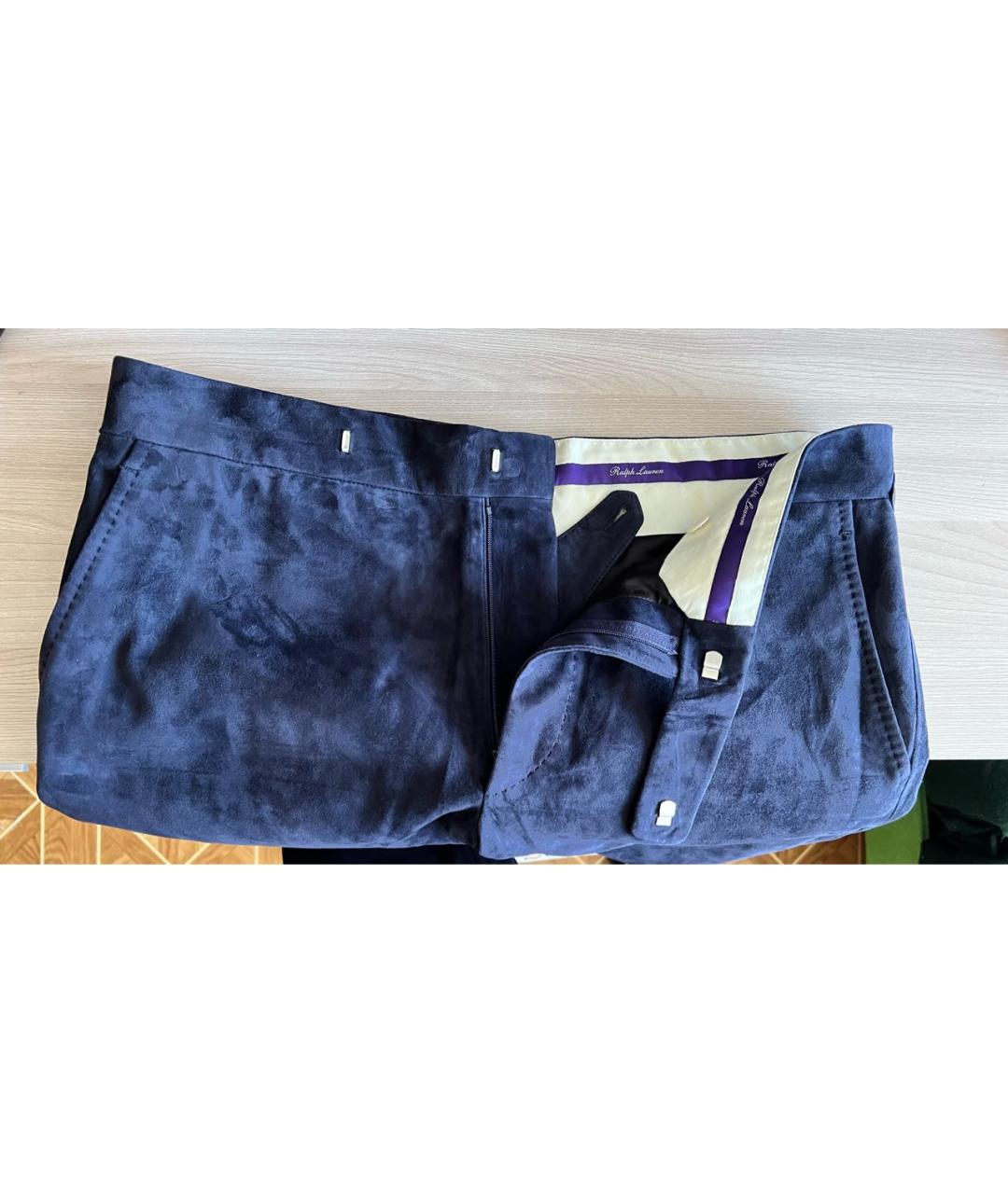RALPH LAUREN Темно-синие замшевые классические брюки, фото 4