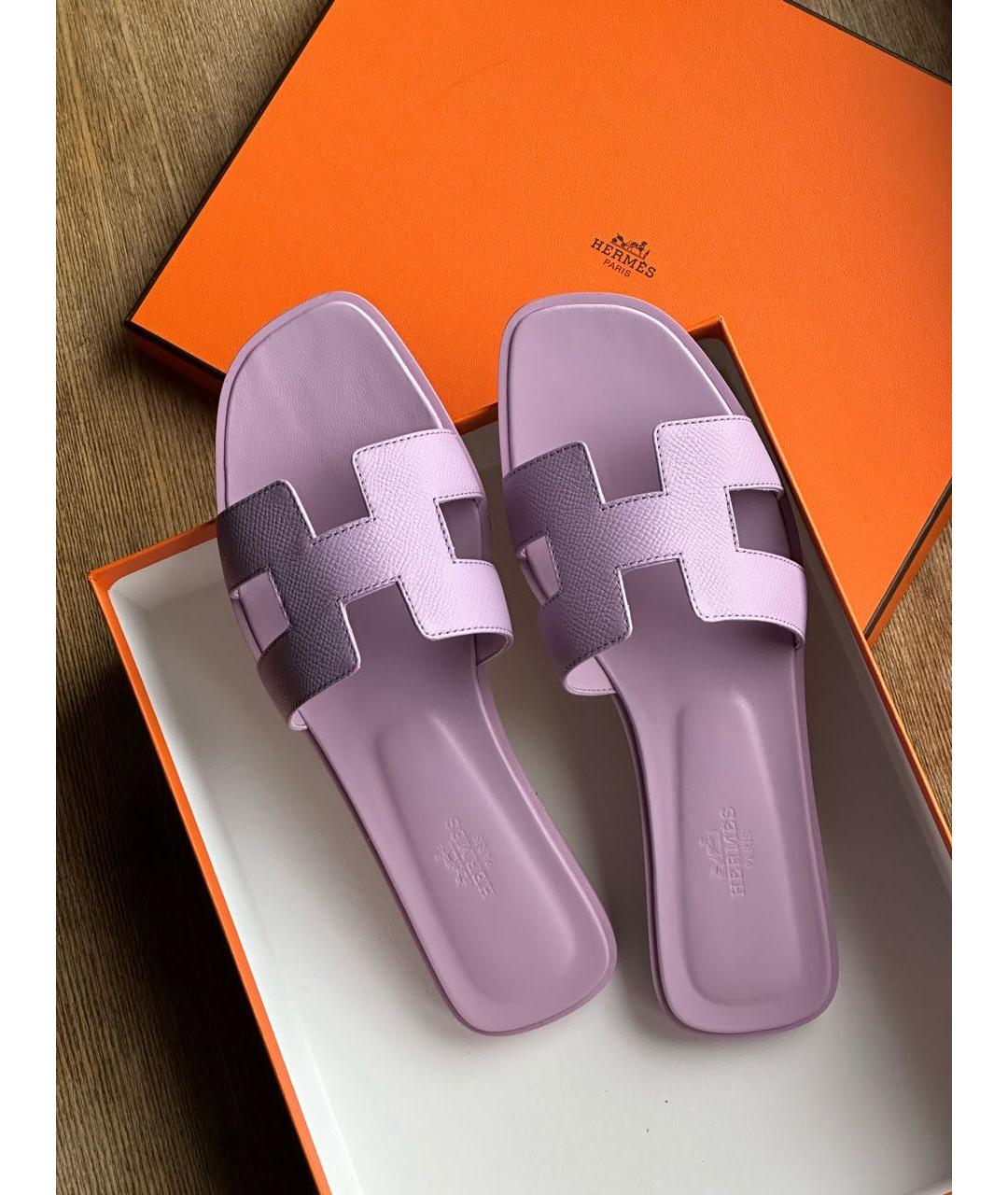 HERMES Фиолетовые кожаные шлепанцы, фото 4