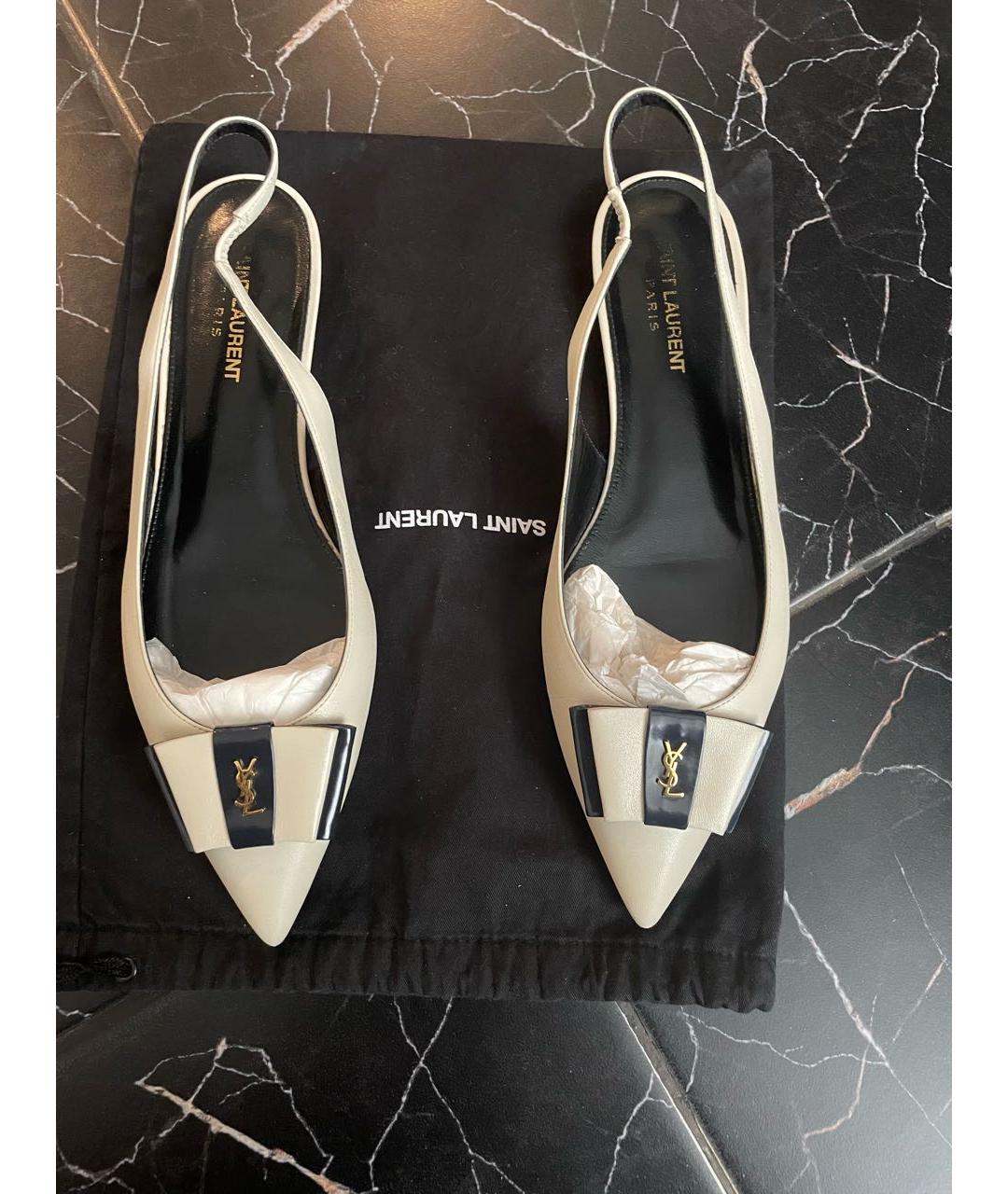 SAINT LAURENT Белые кожаные лодочки на низком каблуке, фото 8