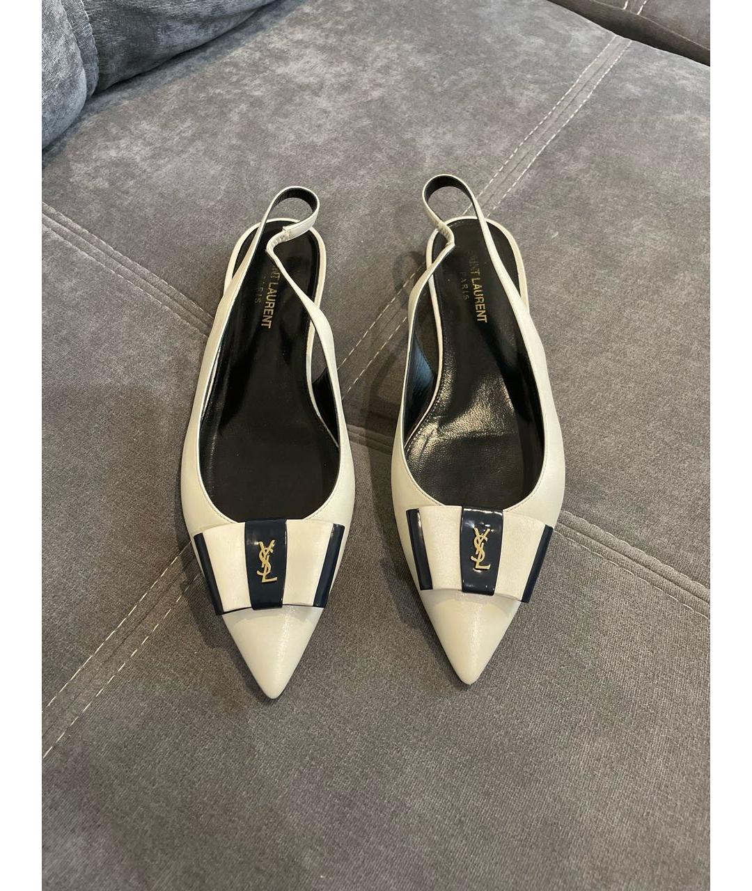 SAINT LAURENT Белые кожаные лодочки на низком каблуке, фото 2