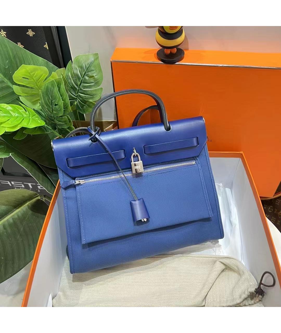 HERMES Голубая льняная сумка через плечо, фото 4