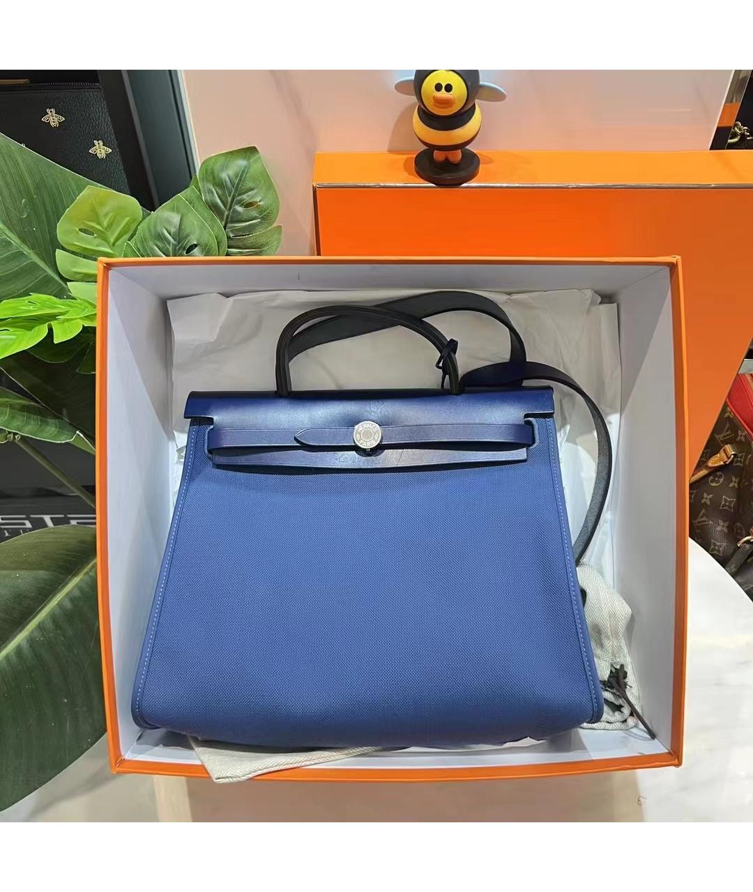 HERMES Голубая льняная сумка через плечо, фото 2