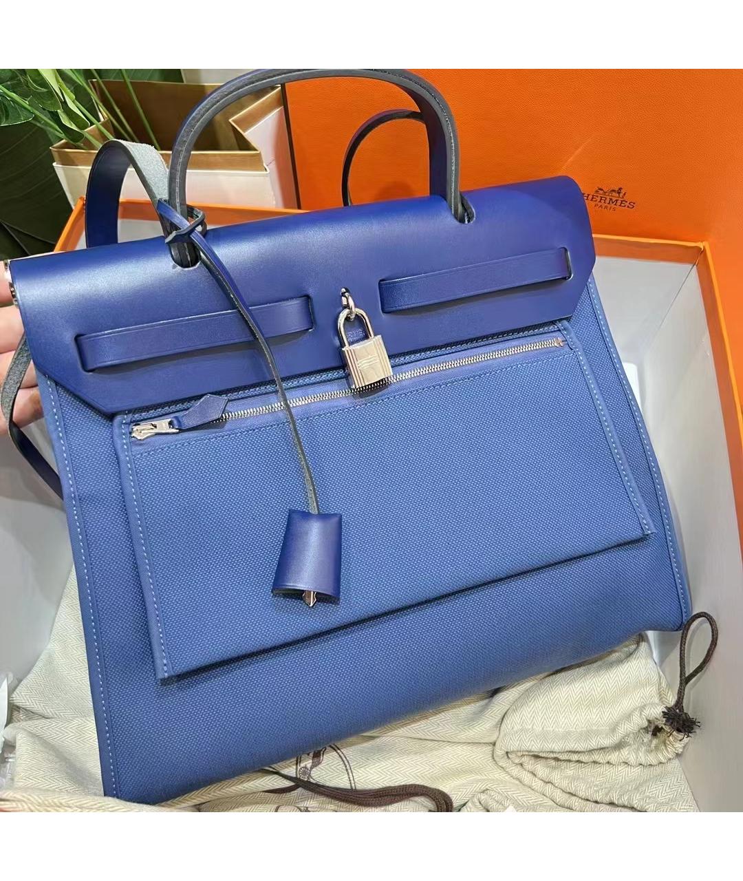 HERMES Голубая льняная сумка через плечо, фото 9