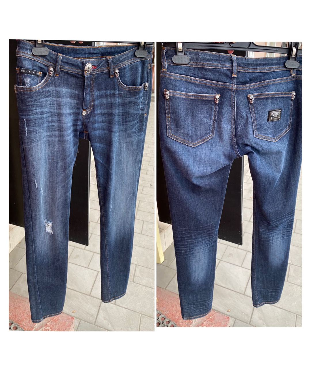 PHILIPP PLEIN Темно-синие хлопко-эластановые джинсы слим, фото 2