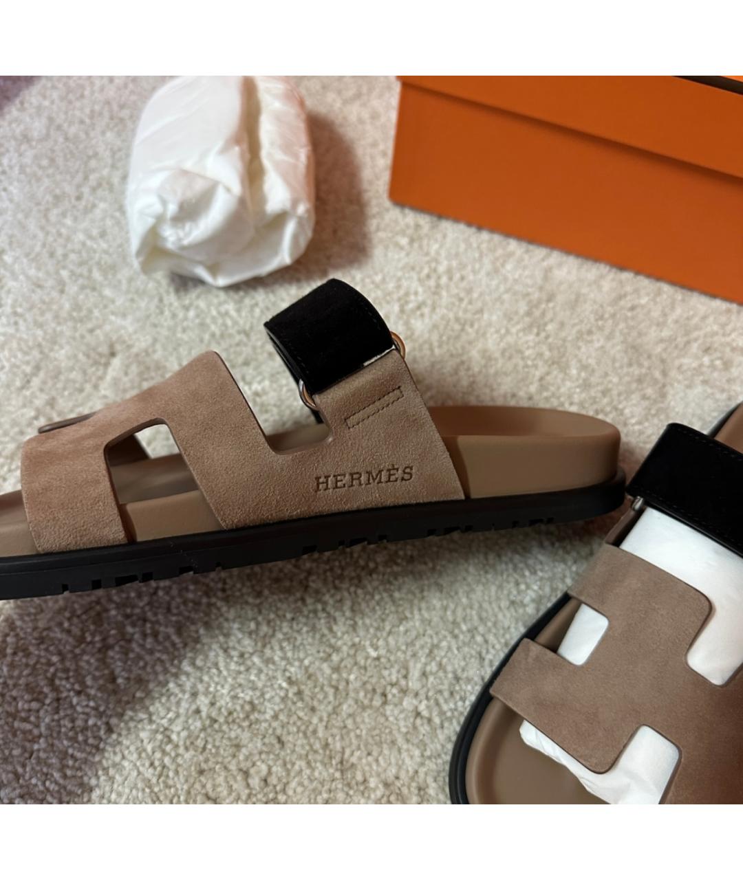 HERMES Бежевые замшевые сандалии, фото 5