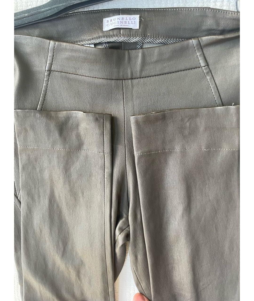 BRUNELLO CUCINELLI Хаки кожаные брюки узкие, фото 4
