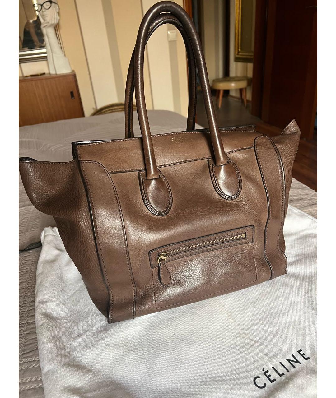 CELINE Коричневая кожаная сумка с короткими ручками, фото 2