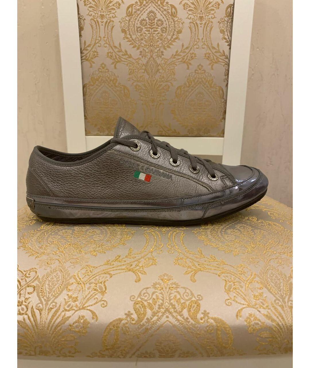 DOLCE&GABBANA Серебряные кожаные низкие кроссовки / кеды, фото 9
