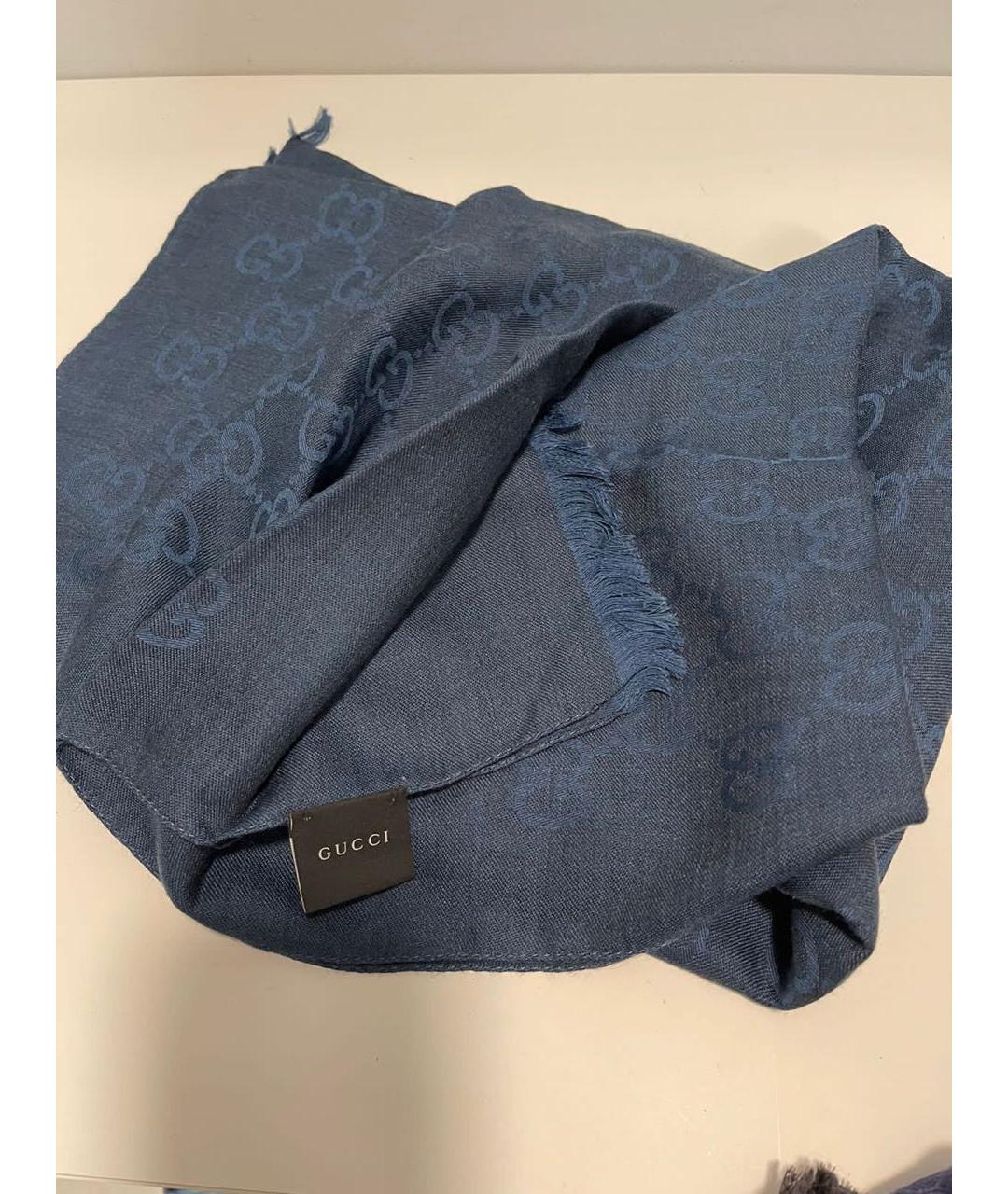 GUCCI Темно-синий шерстяной платок, фото 2