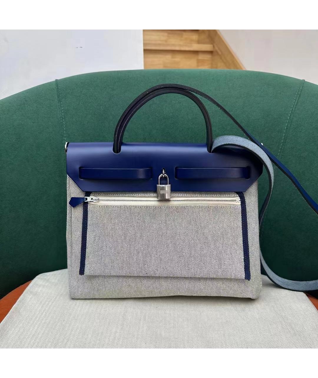 HERMES Синяя льняная сумка через плечо, фото 3