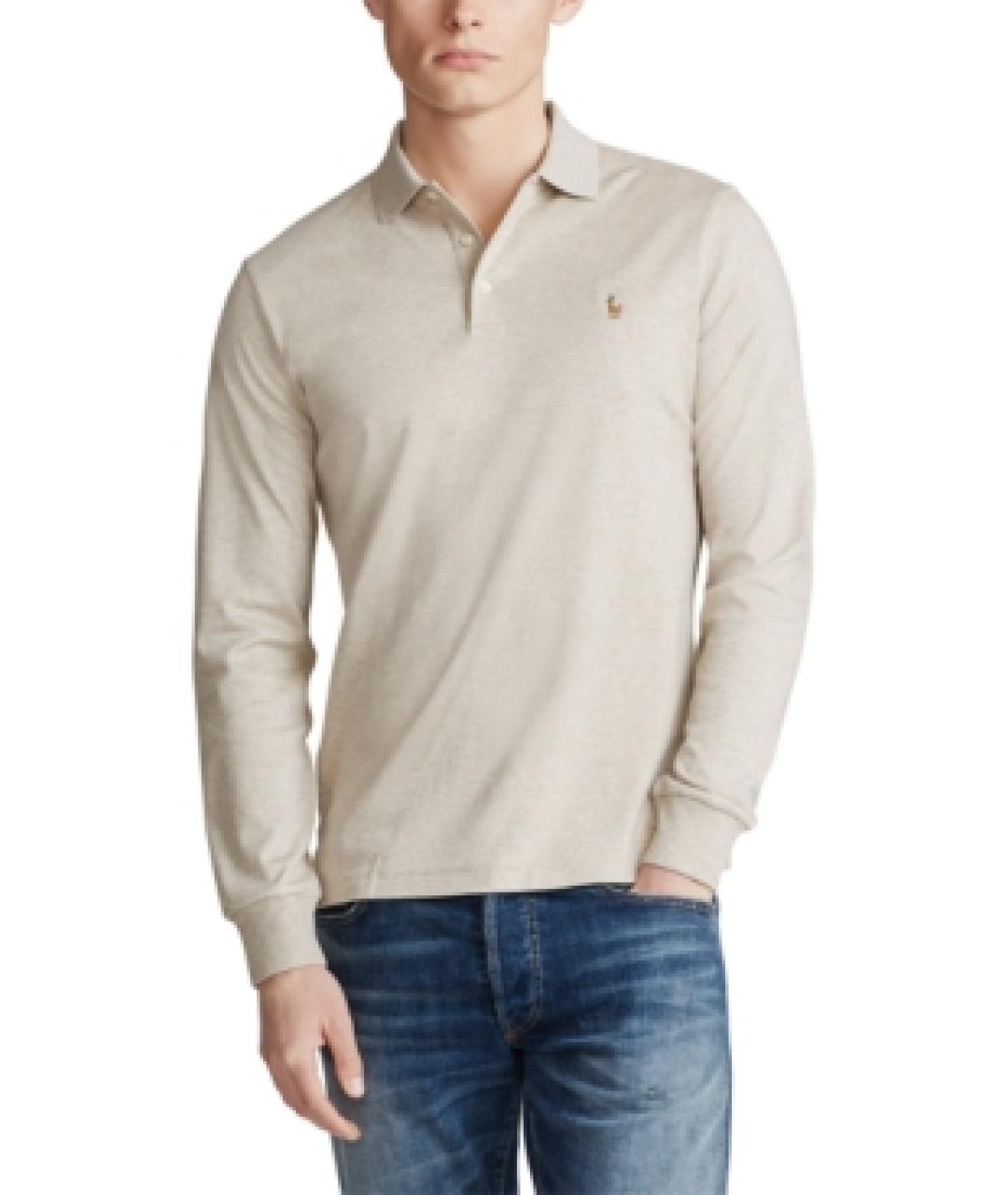 POLO RALPH LAUREN Бежевое хлопковое поло с длинным рукавом для мужчин ...