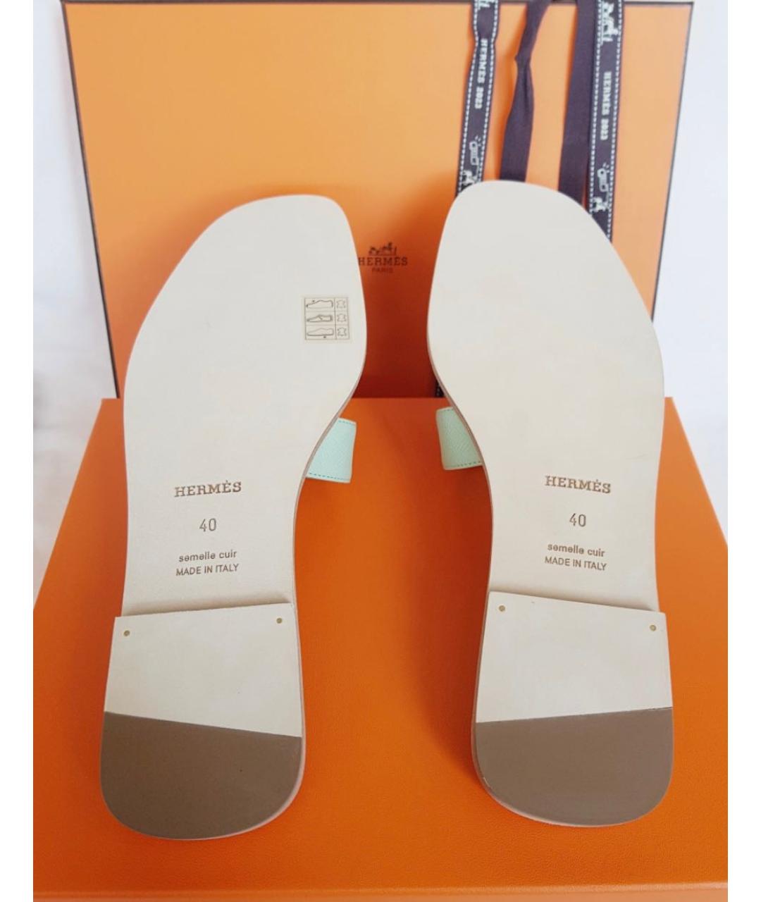 HERMES Салатовые кожаные шлепанцы, фото 6