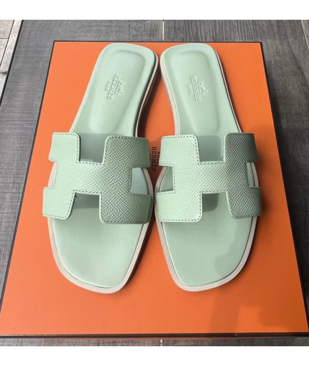 HERMES Салатовые кожаные шлепанцы, фото 7