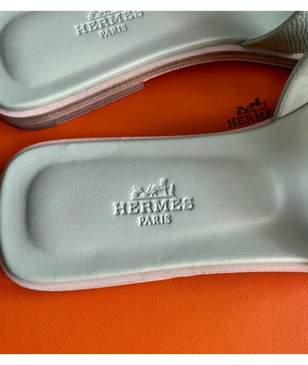 HERMES Салатовые кожаные шлепанцы, фото 4