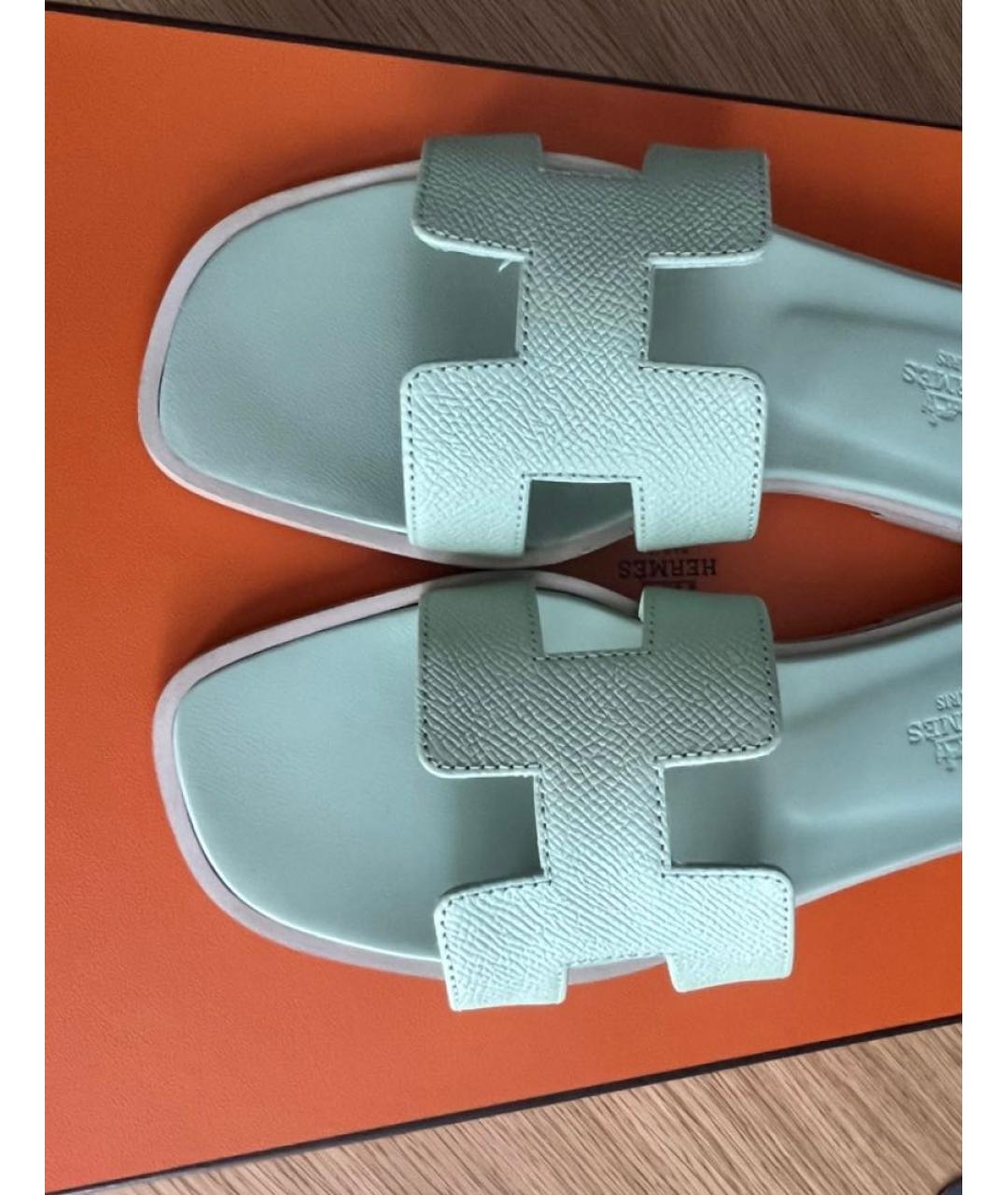 HERMES Салатовые кожаные шлепанцы, фото 3