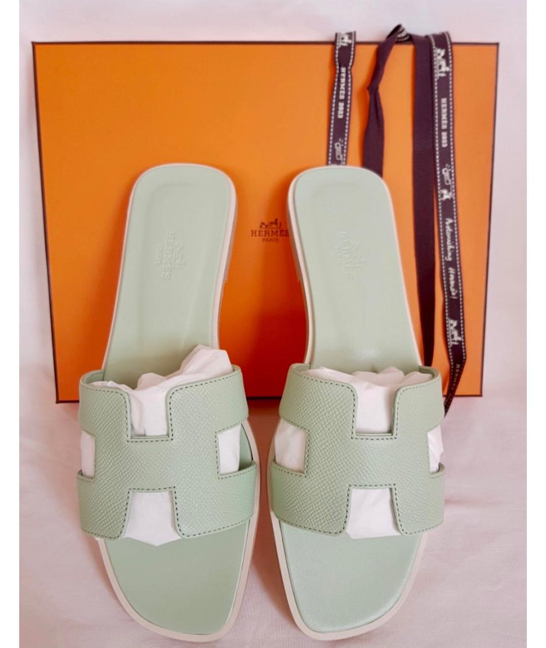HERMES Салатовые кожаные шлепанцы, фото 5