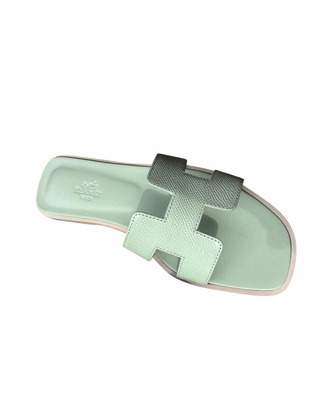 HERMES Салатовые кожаные шлепанцы, фото 1