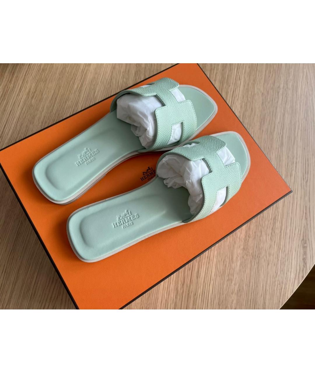 HERMES Салатовые кожаные шлепанцы, фото 2