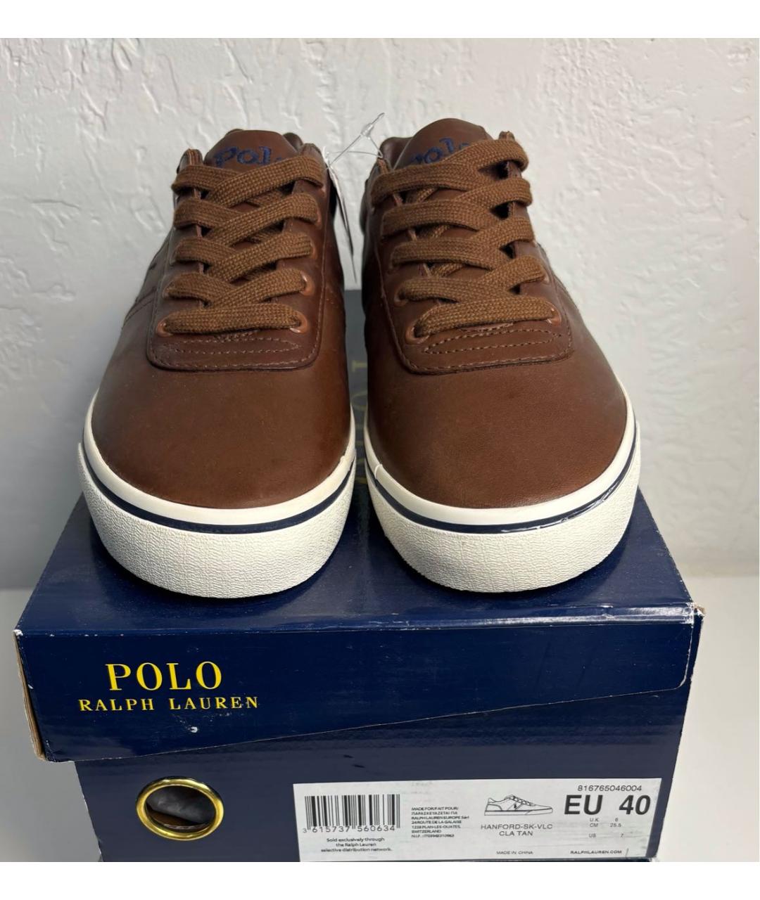 POLO RALPH LAUREN Коричневые кожаные низкие кроссовки / кеды, фото 8