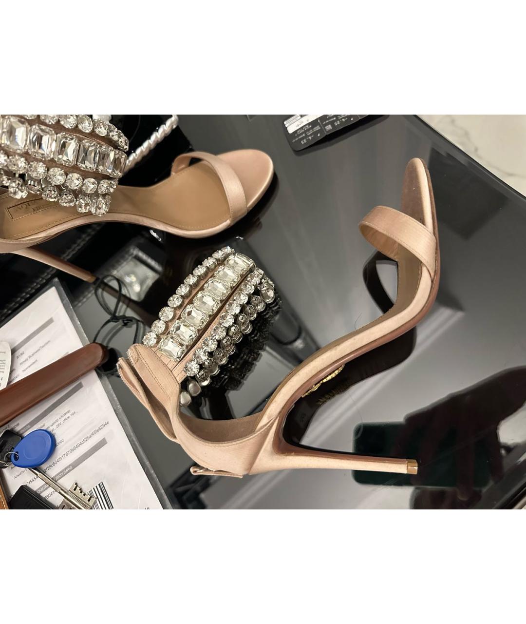 AQUAZZURA Бежевые текстильные босоножки, фото 4