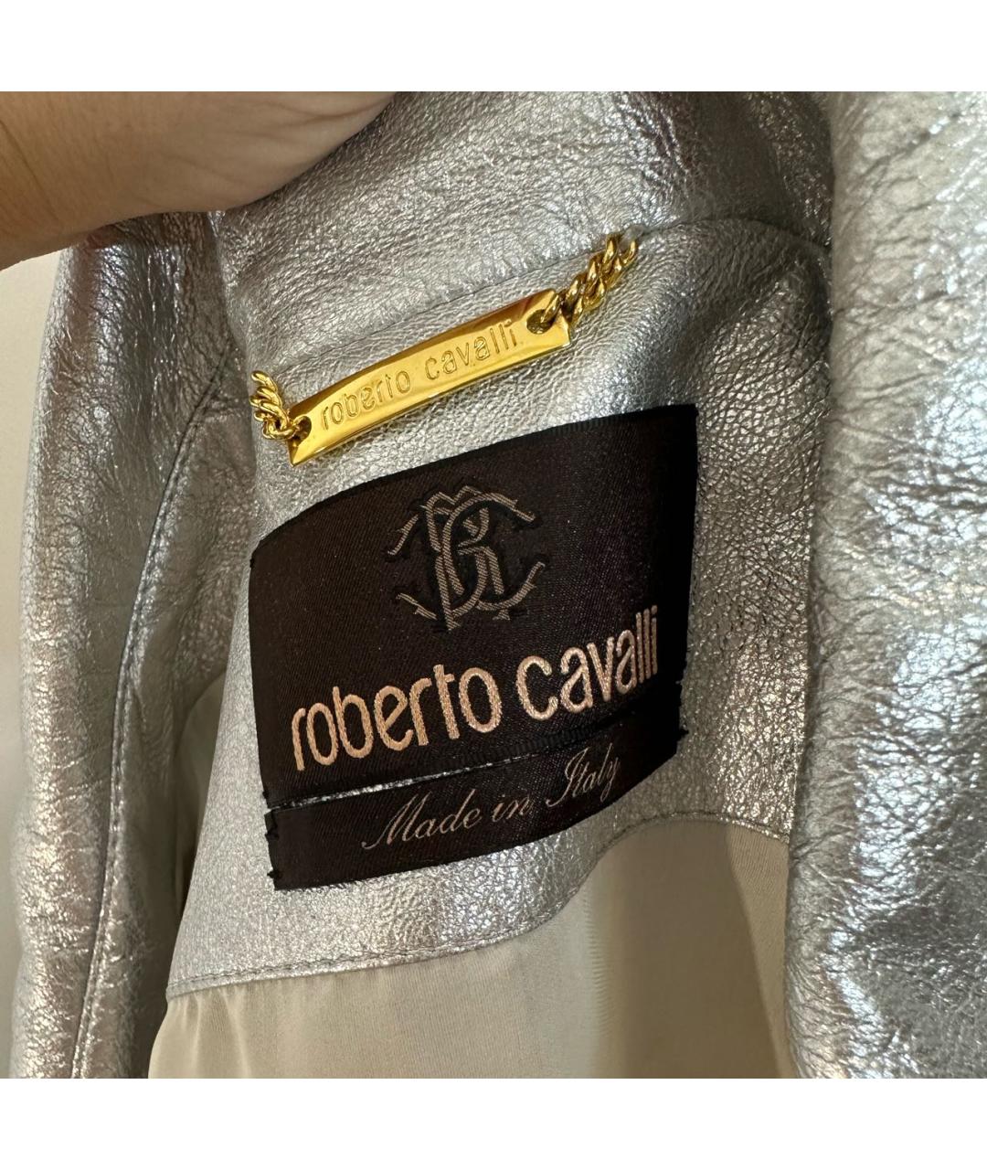 ROBERTO CAVALLI Серебряная кожаная куртка, фото 4