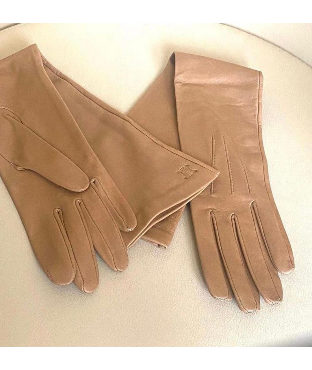 CELINE PRE-OWNED Бежевые кожаные перчатки, фото 2