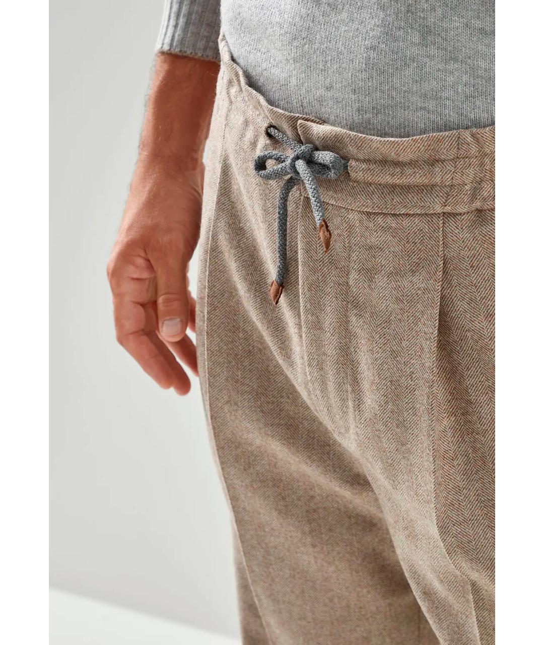 BRUNELLO CUCINELLI Бежевые шерстяные повседневные брюки, фото 4