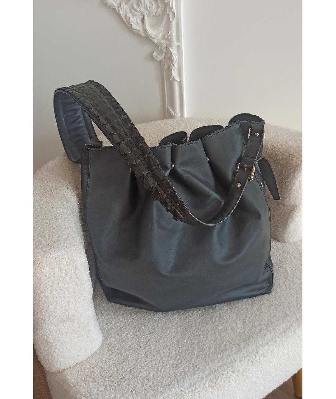 SAINT LAURENT Темно-синяя кожаная сумка тоут, фото 4