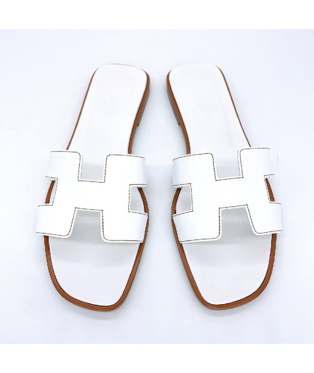 HERMES Белые кожаные шлепанцы, фото 6