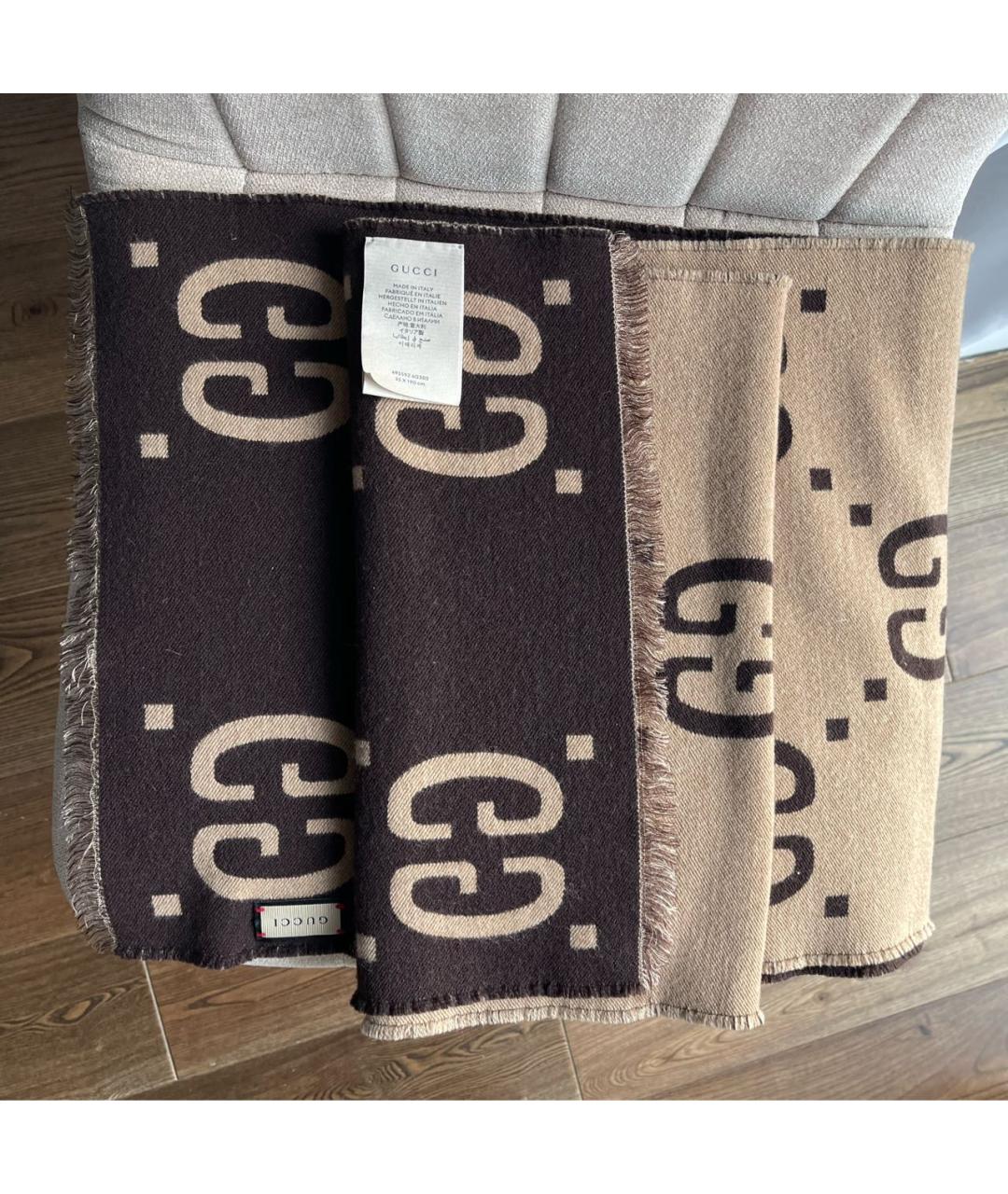 GUCCI Коричневый шерстяной шарф, фото 8
