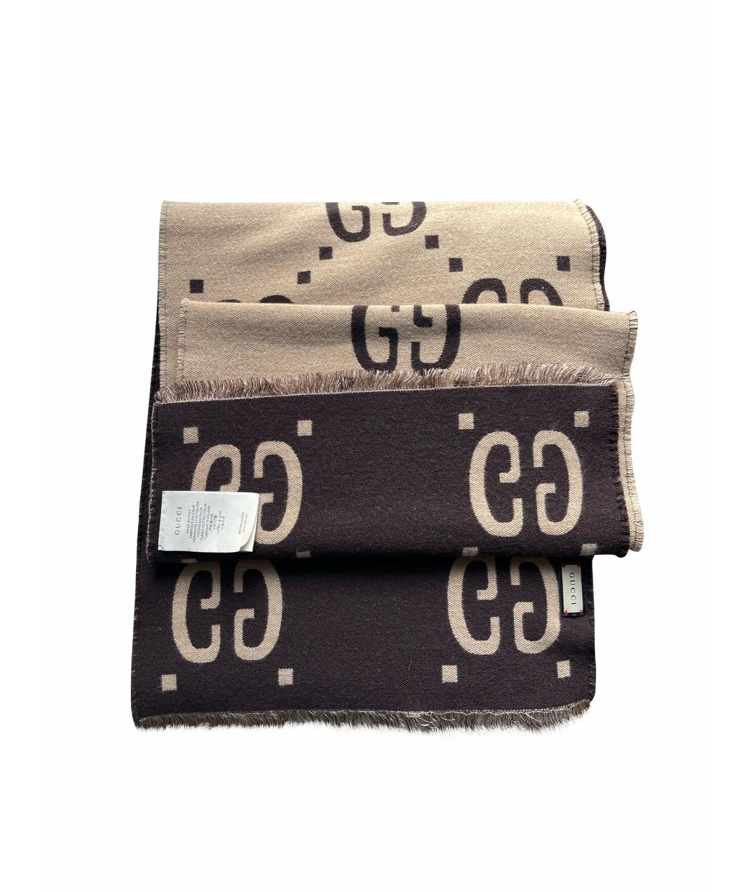 GUCCI Коричневый шерстяной шарф, фото 1