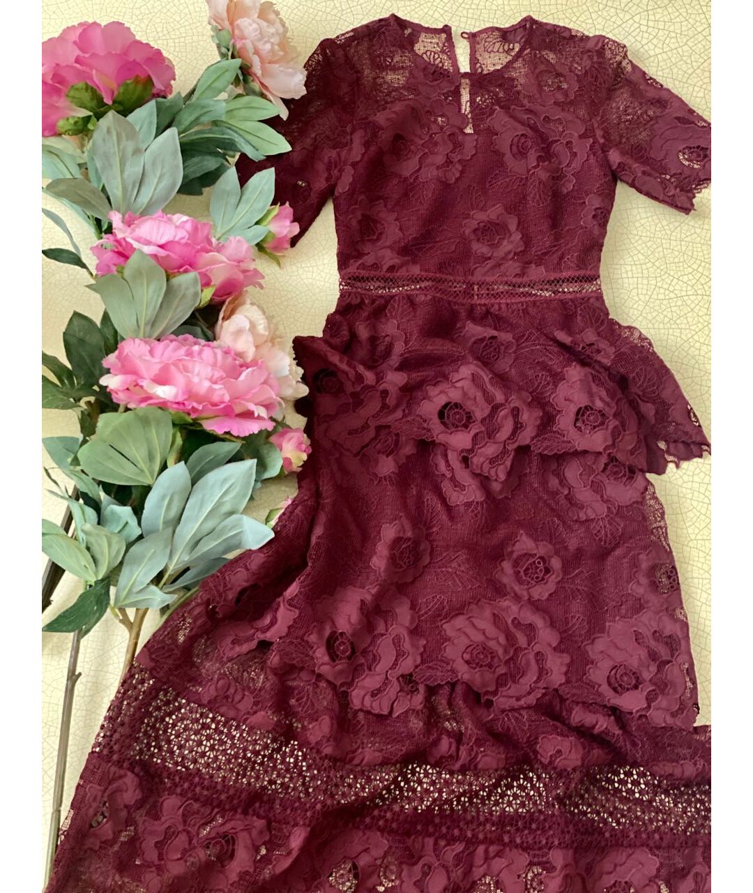 SELF-PORTRAIT Бордовое кружевное повседневное платье, фото 7