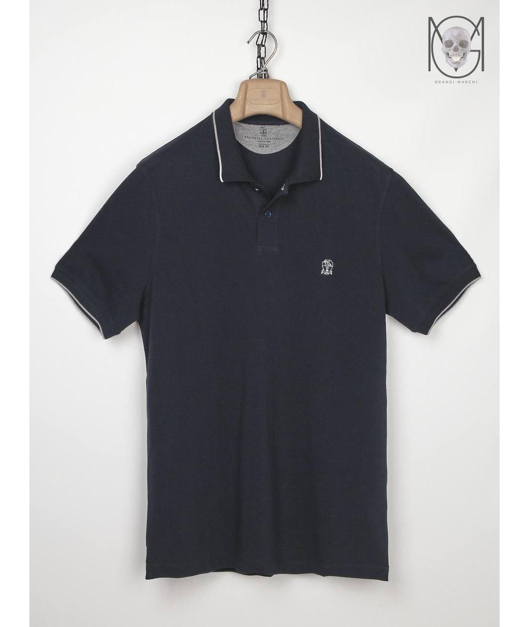 BRUNELLO CUCINELLI Темно-синее хлопковое поло с коротким рукавом, фото 9