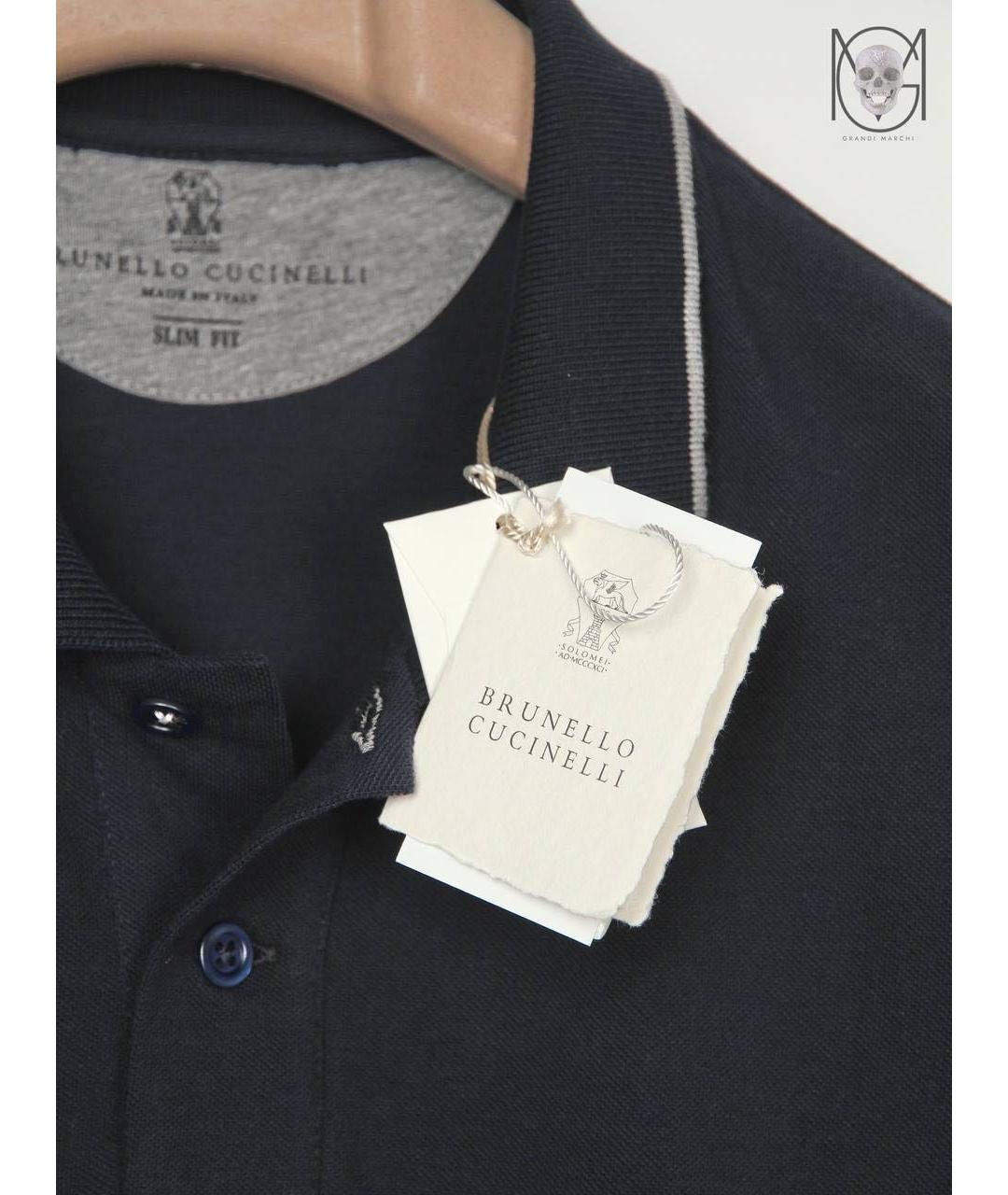 BRUNELLO CUCINELLI Темно-синее хлопковое поло с коротким рукавом, фото 3