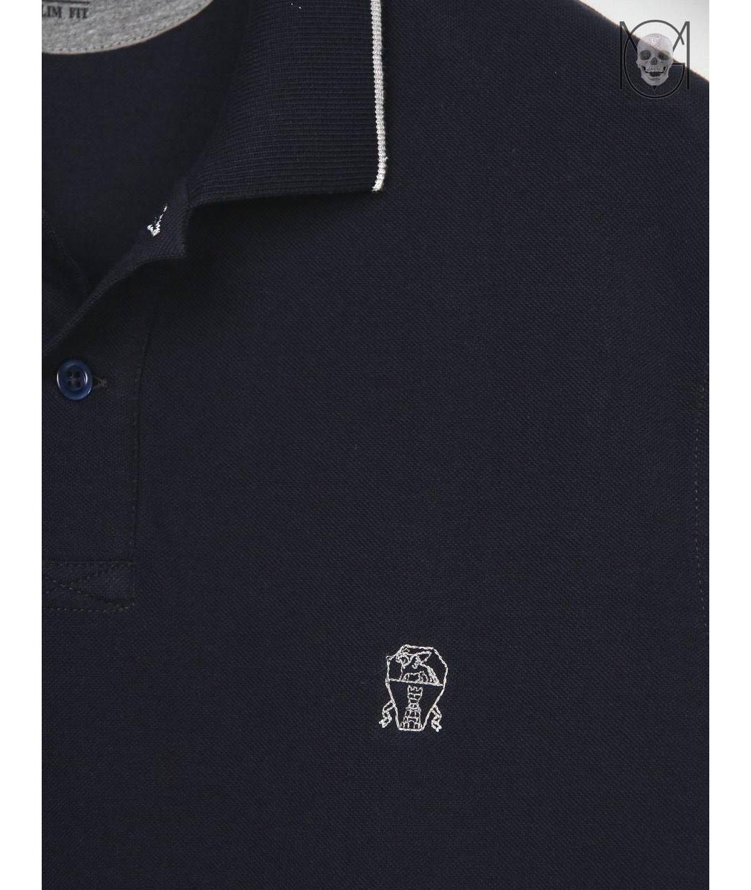 BRUNELLO CUCINELLI Темно-синее хлопковое поло с коротким рукавом, фото 4