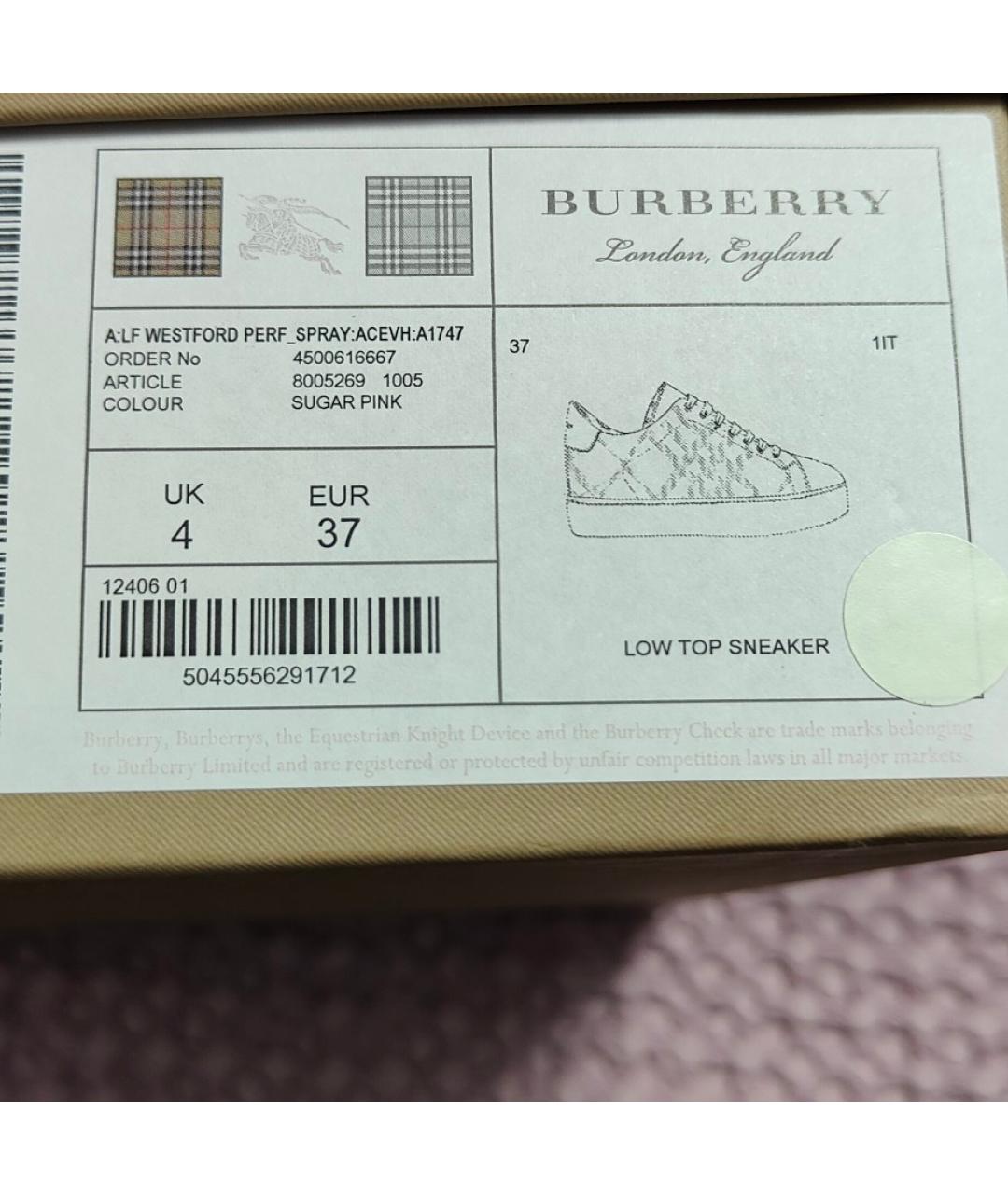 BURBERRY Розовые кожаные кроссовки, фото 9