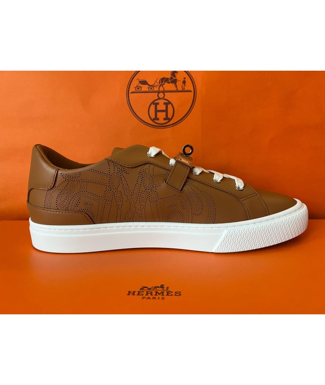 HERMES Коричневые кожаные низкие кроссовки / кеды, фото 5