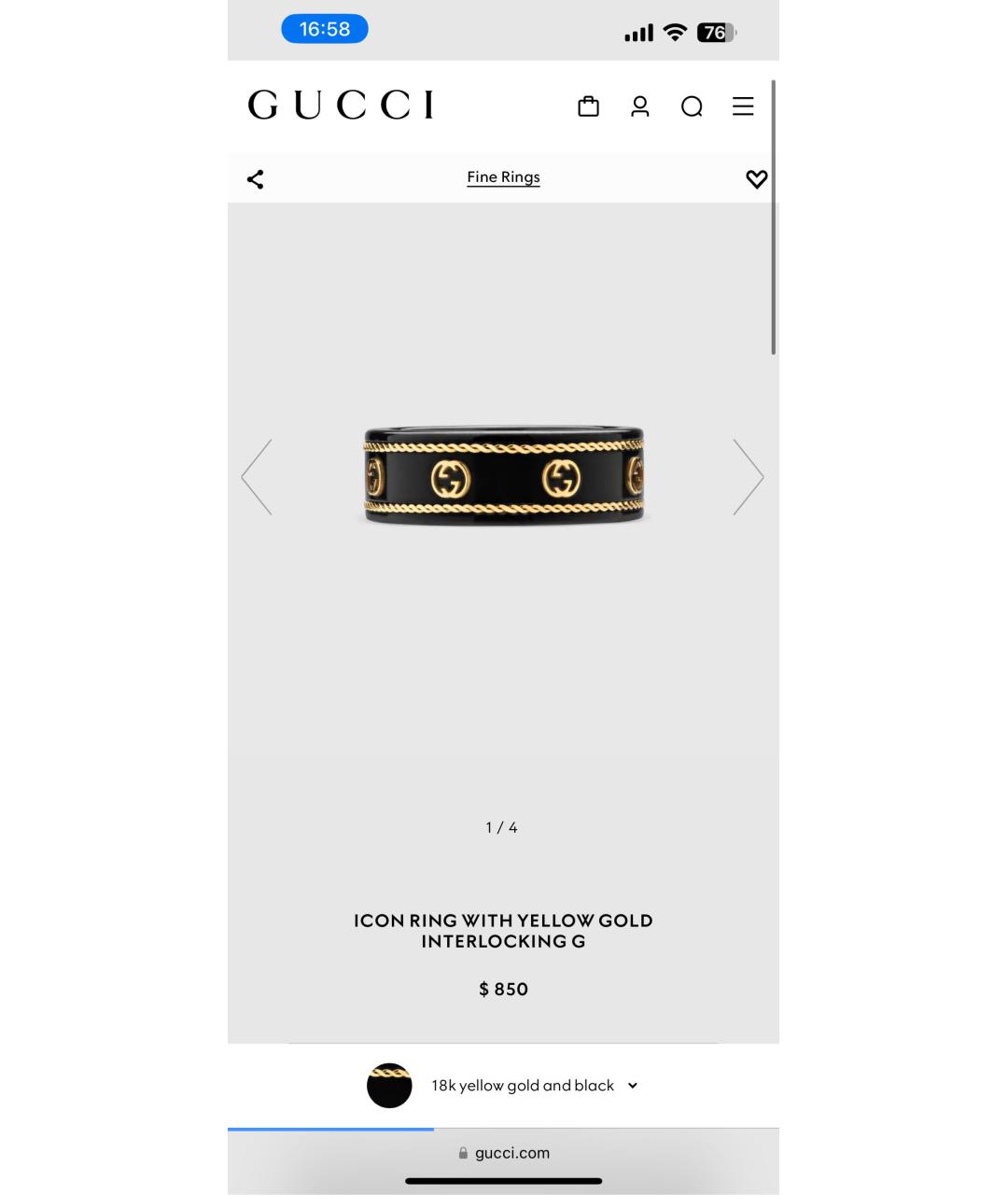 GUCCI Черное кольцо из желтого золота, фото 6