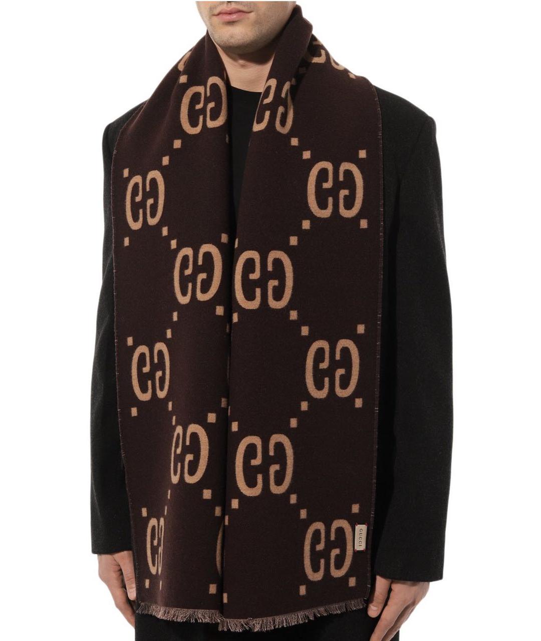 GUCCI Коричневый шерстяной шарф, фото 8