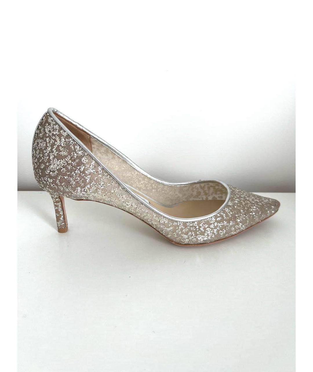 JIMMY CHOO Серебряные текстильные свадебные туфли на низком каблуке, фото 6