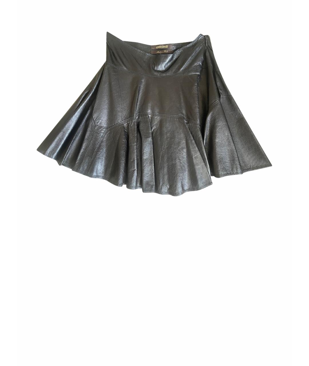 ROBERTO CAVALLI Черная кожаная юбка мини, фото 1