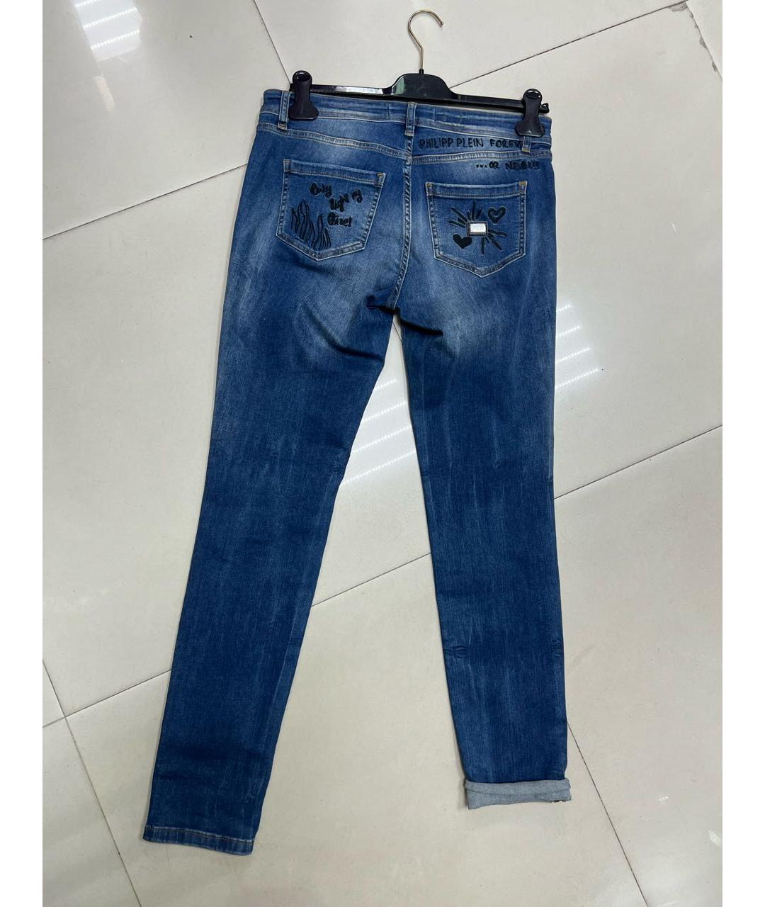 PHILIPP PLEIN Синие хлопко-эластановые прямые джинсы, фото 2