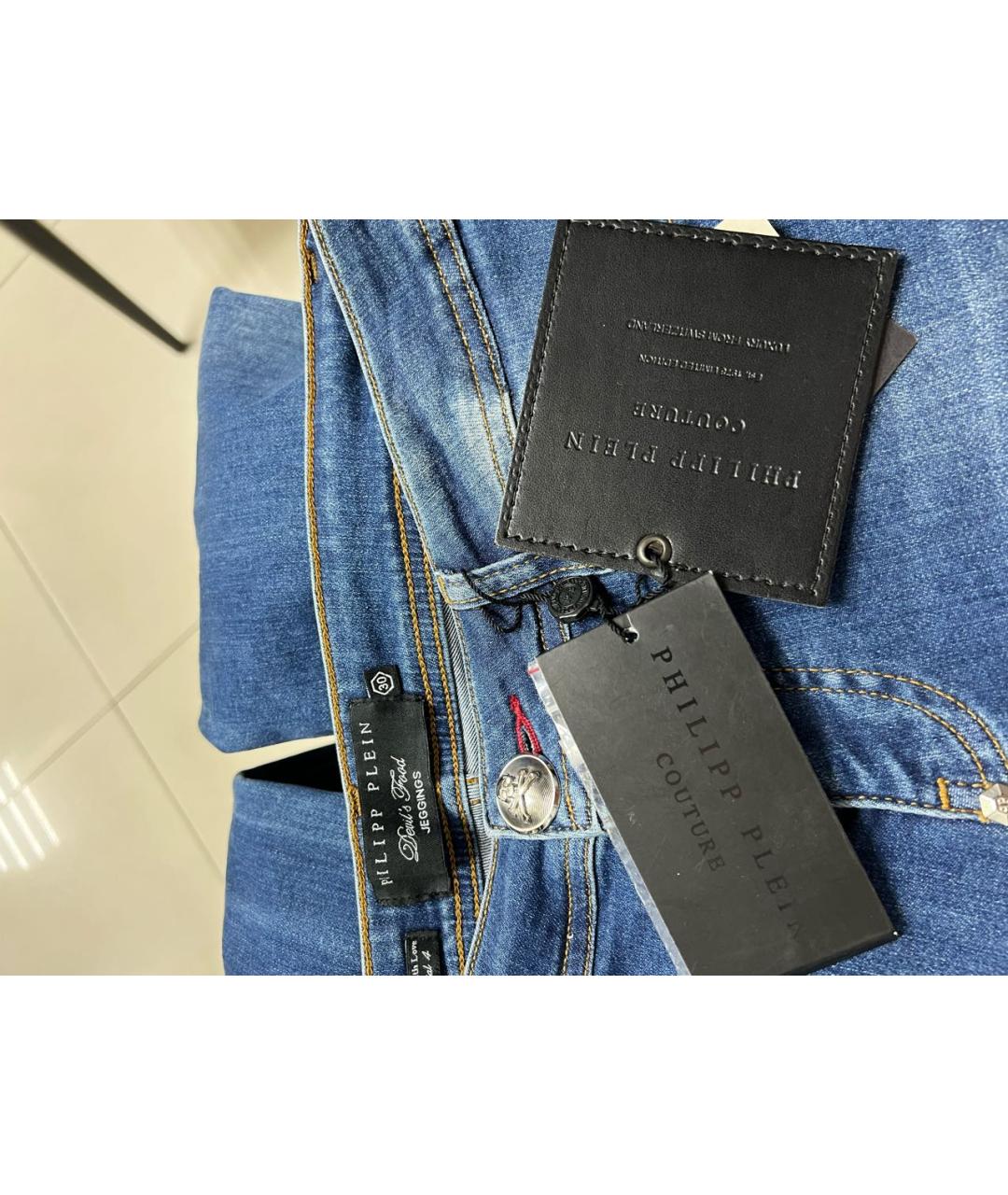 PHILIPP PLEIN Синие хлопко-эластановые прямые джинсы, фото 5